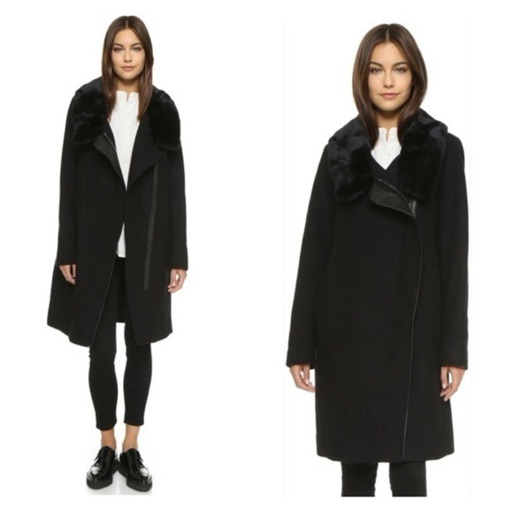 Vince Genuine Rabbit Fur Collar Lamb Leather Asymmetrical Wool Black Coat XS - Picture 1 of 16